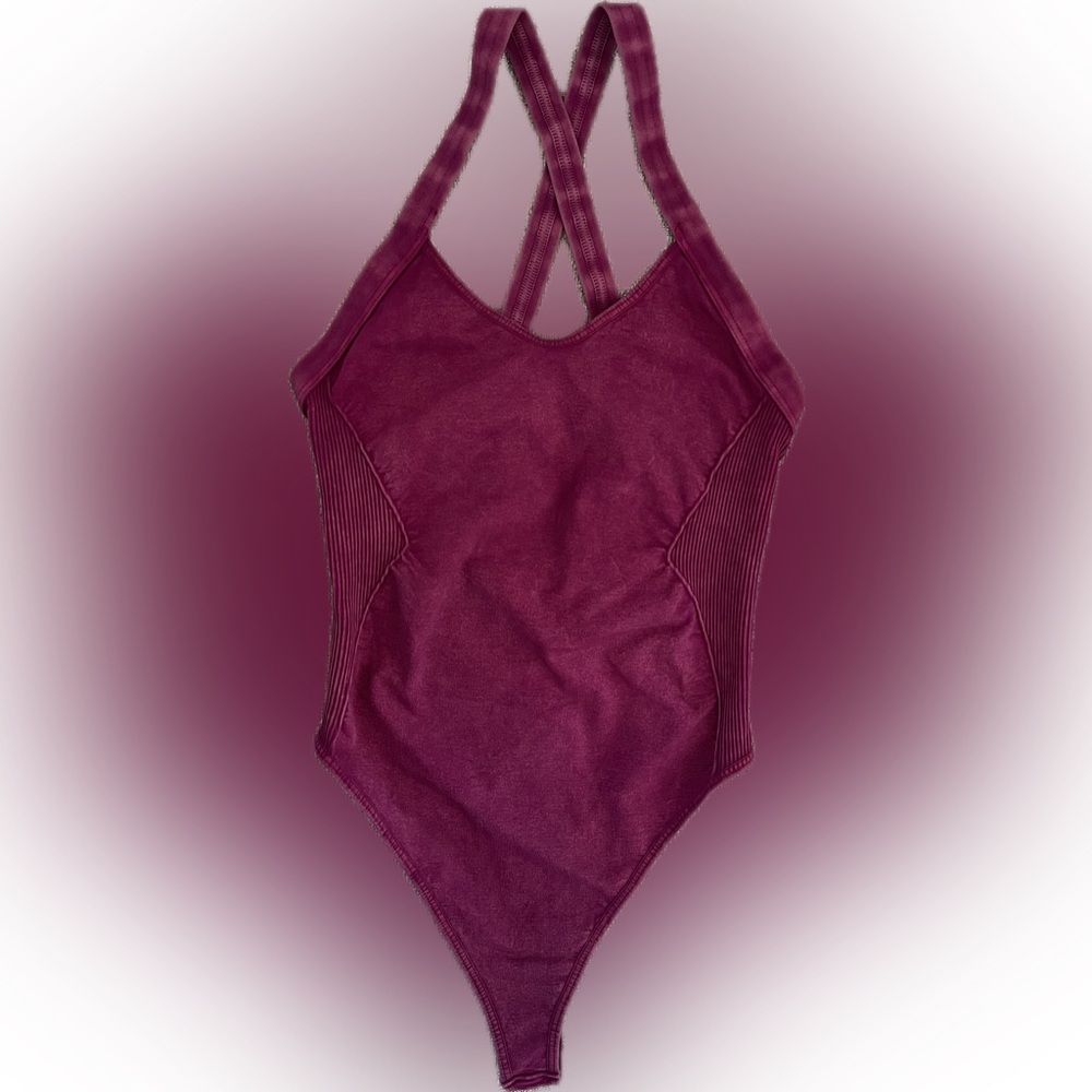 NWOT Free People FP Movement Good Karma Bodysuit in Wine/Burgundy/Dark Magenta